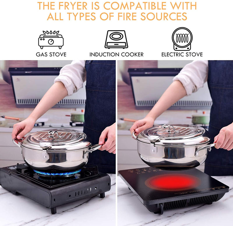 Japanese Deep Frying Pot with a Thermometer and a Lid 304 Stainless Steel Kitchen Tempura Fryer Pan 20 24 cm