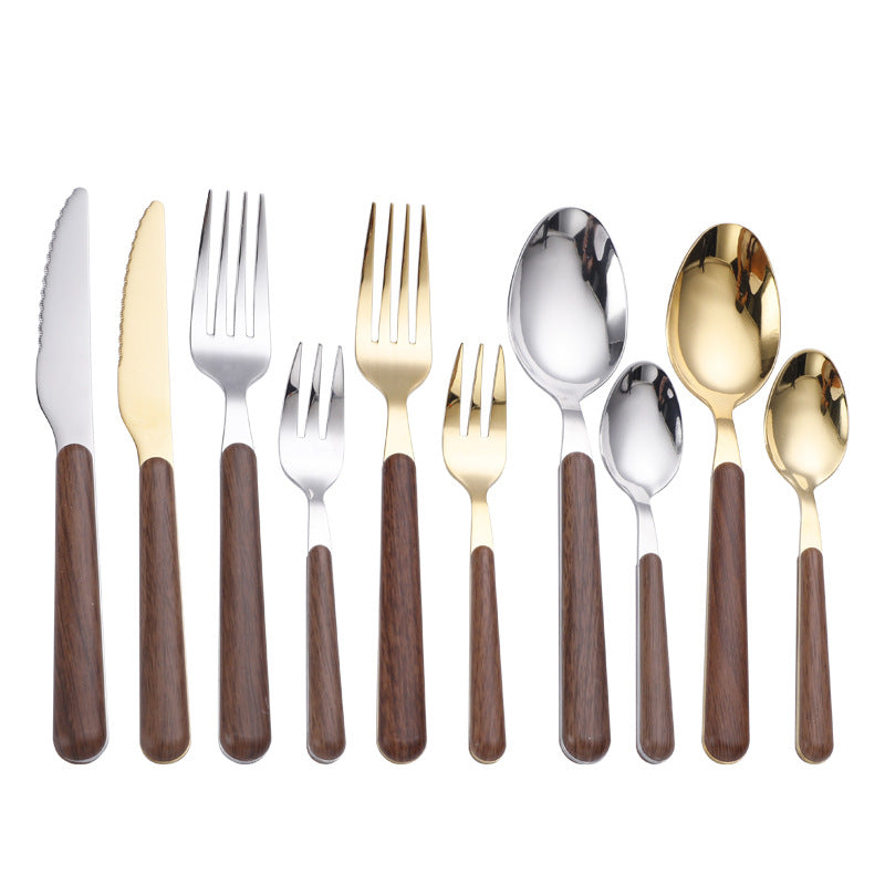 Imitation Wood Handle Steak Stainless Steel Knife Fork Spoon Wood Grain Dessert Spoon Hotel Gold-Plated Tableware Set