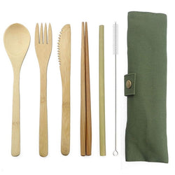 7-Piece Wooden Flatware Cutlery Set Bamboo Straw Dinnerware Set With Cloth Bag Knives Fork Spoon Chopsticks Travel Wholesale