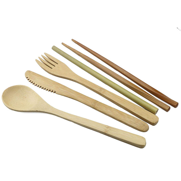 7-Piece Wooden Flatware Cutlery Set Bamboo Straw Dinnerware Set With Cloth Bag Knives Fork Spoon Chopsticks Travel Wholesale