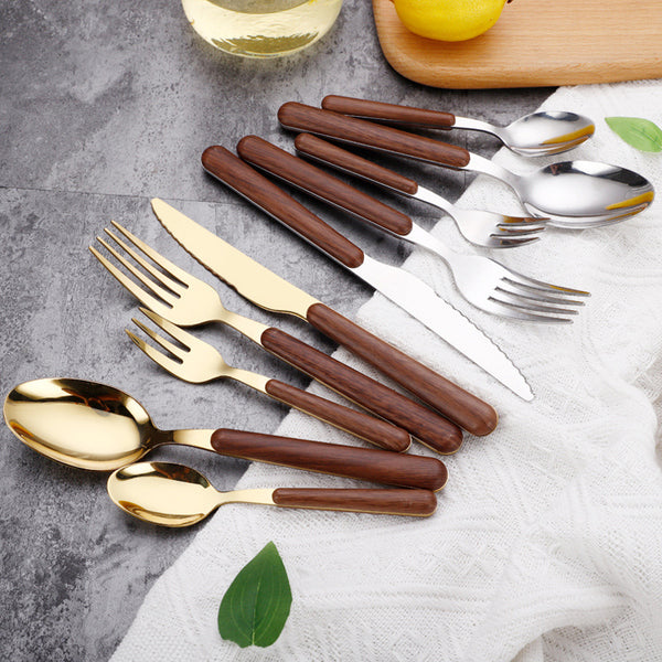 Imitation Wood Handle Steak Stainless Steel Knife Fork Spoon Wood Grain Dessert Spoon Hotel Gold-Plated Tableware Set