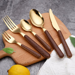 Imitation Wood Handle Steak Stainless Steel Knife Fork Spoon Wood Grain Dessert Spoon Hotel Gold-Plated Tableware Set