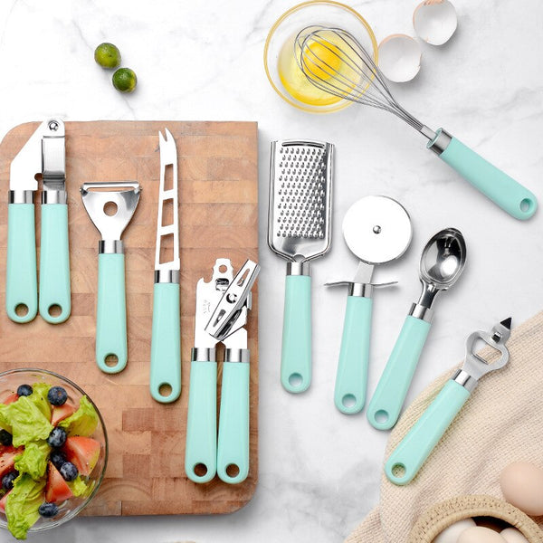 9 Pcs Stainless Steel Kitchen Utensil Set Cooking Tools Gadget with Can Opener Garlic Cheese Grater Knife Pizza Cutter Whisk 