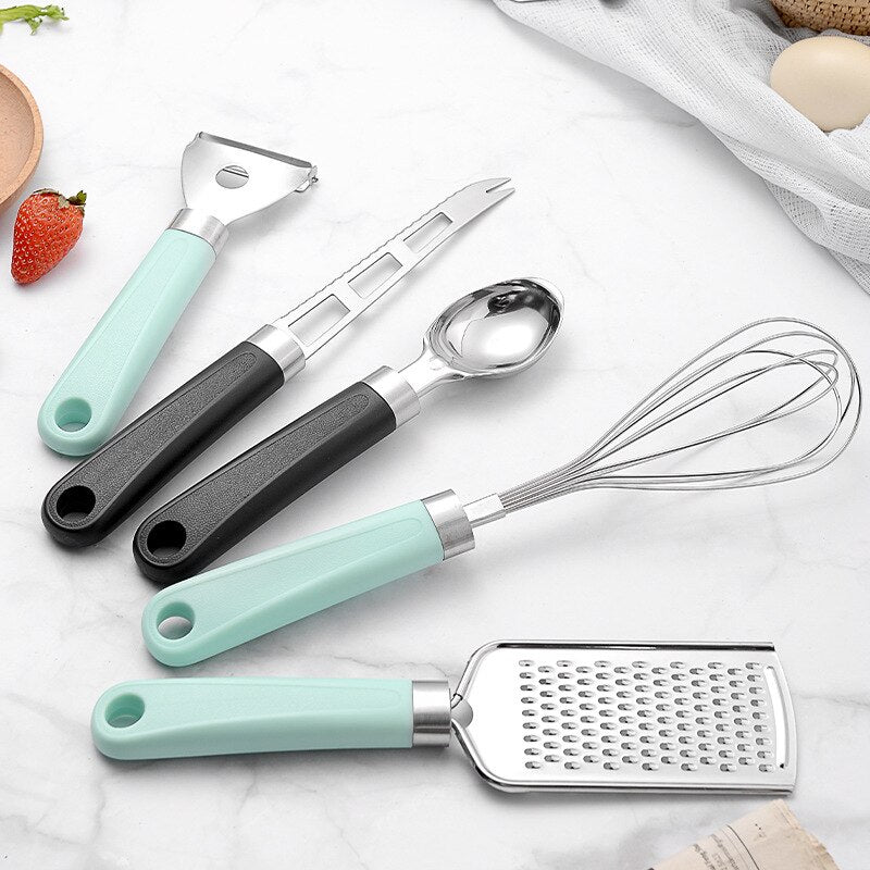 9 Pcs Stainless Steel Kitchen Utensil Set Cooking Tools Gadget with Can Opener Garlic Cheese Grater Knife Pizza Cutter Whisk